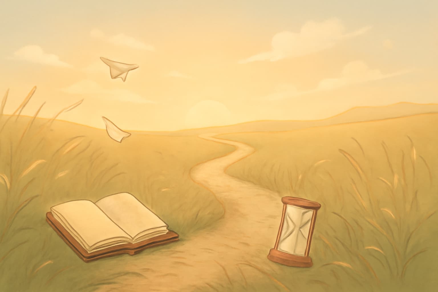 『葬送のフリーレン』完結情報を象徴する穏やかな風景。広がる草原に続く道、開かれた古びた本、倒れた砂時計、そして紙飛行機が浮かぶシーン。物語の進行と希望を表現したデザインで、時間の流れと未来への期待を感じさせる。