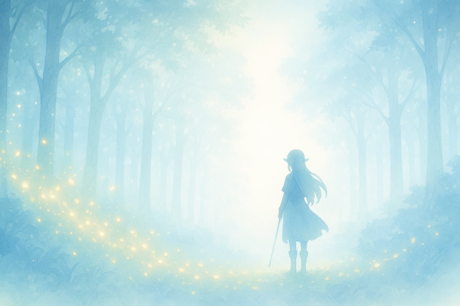 柔らかな光に包まれた森の中で、小さなエルフ風の少女が立つ幻想的な風景イラスト。『葬送のフリーレン』の世界を思わせる静かな雰囲気を描いた横長バナー