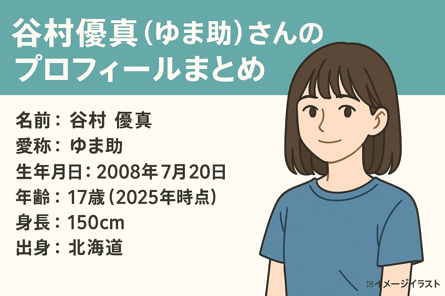 谷村優真（ゆま助）のプロフィールまとめ。名前・生年月日・年齢・身長・出身などの基本情報と、イメージイラストを横長レイアウトで配置したアイキャッチ画像。
