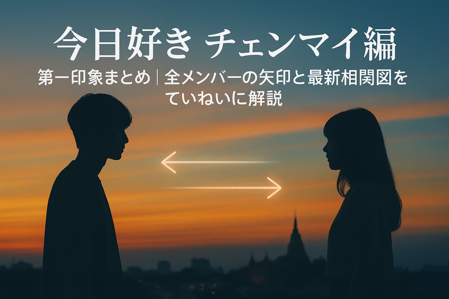 今日好き チェンマイ編の第一印象と相関図をイメージした、夕焼け背景の男女シルエットのサムネイル画像