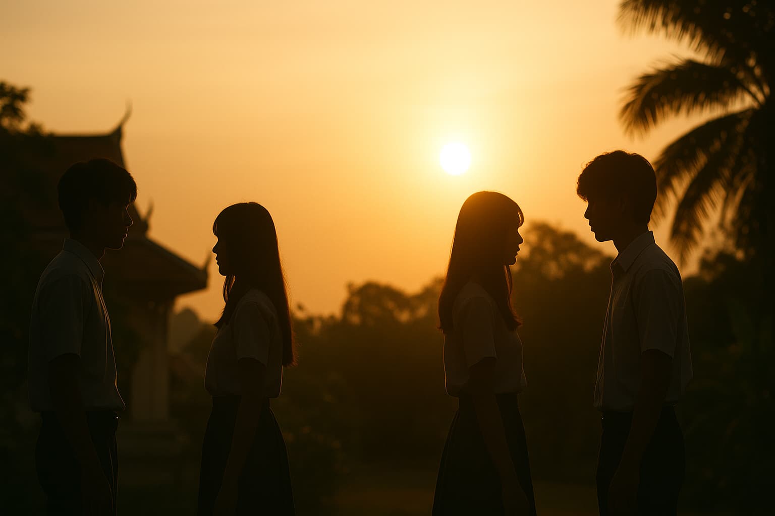 チェンマイの夕景の中、高校生たちがシルエットで並ぶ静かなシーン。旅の始まりの緊張とやわらかな期待が漂う雰囲気を写したイメージ。