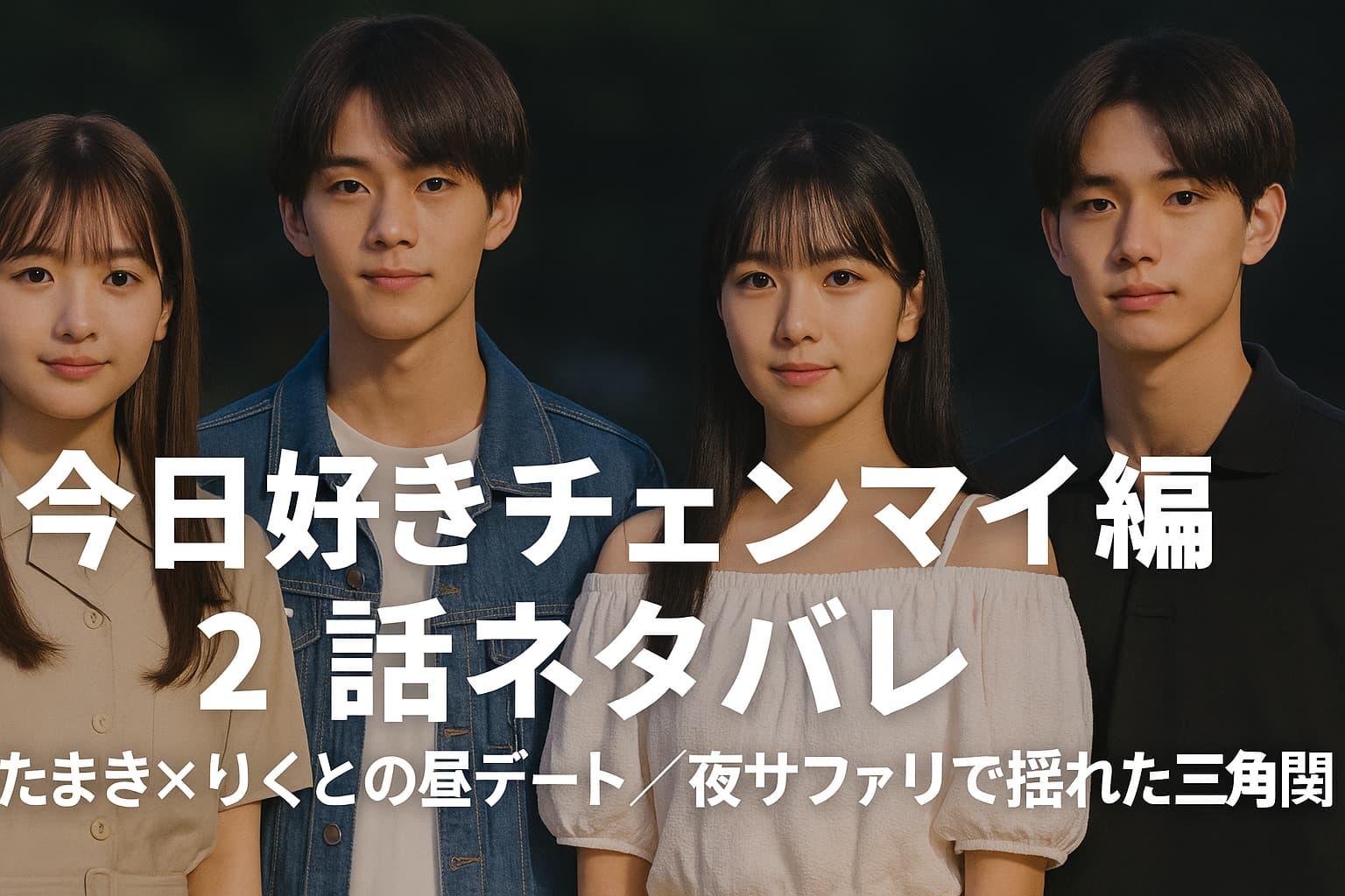 今日好きチェンマイ編 第2話のアイキャッチ画像。4人の男女メンバーが横並びで夜の屋外に立ち、番組タイトル『今日好きチェンマイ編 2話ネタバレ｜たまき×りくとの昼デート／夜サファリで揺れた三角関係』の文字が中央に配置されたサムネイル。