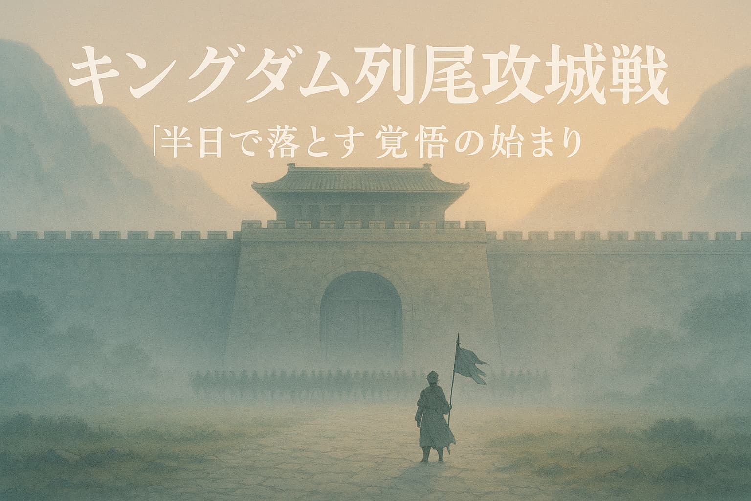 朝霧の中、巨大な城門を見上げながら進む一人の兵。キングダム列尾攻城戦に込められた“半日で落とす”覚悟を象徴する光景。
