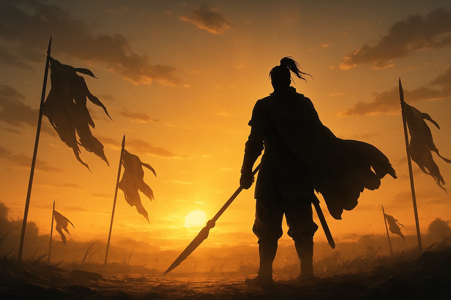夕暮れの戦場に立つ無名の戦士のシルエット。 黄金の光が差し込む中、旗が風に揺れ、静かな誇りと強さを感じさせる情景。 「キングダム 王騎 かっこいい」「強さ」「優しさ」を象徴するイメージ。