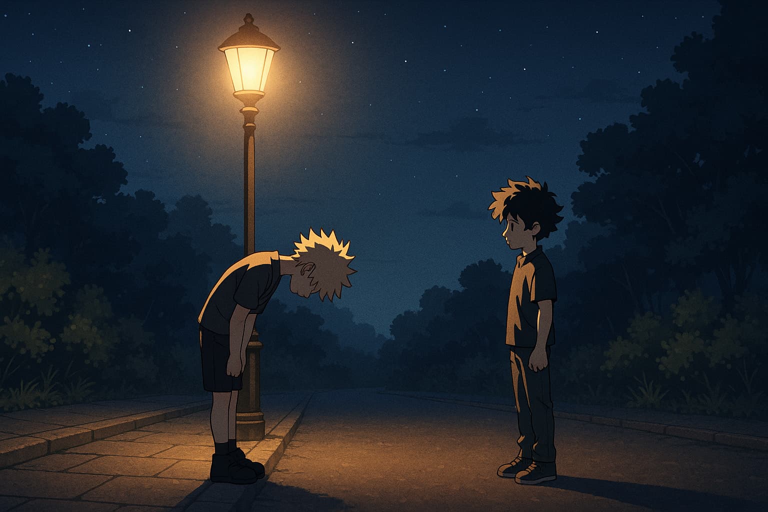 『僕のヒーローアカデミア』の爆轟勝己と緑谷出久を思わせる二人が、夜の街灯の下で向かい合うアニメ風イラスト。爆轟が頭を下げて謝る姿と、静かに見つめるデクの構図が、「過去は消えない」「許しと成長」を象徴している。