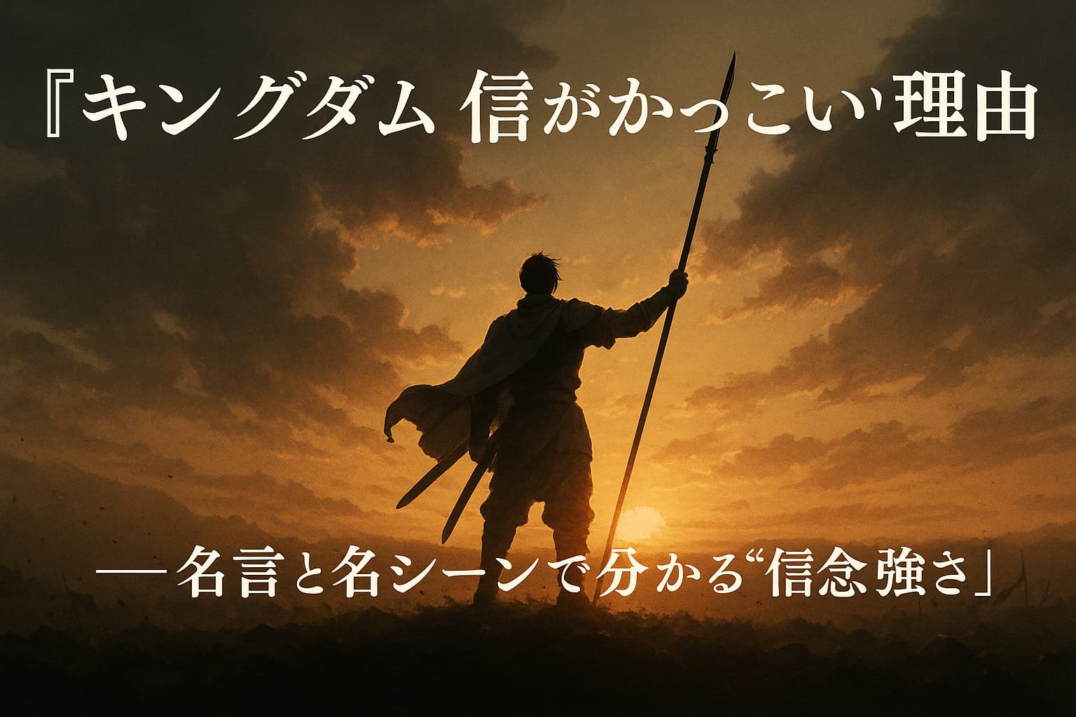 『キングダム』信がかっこいい理由を象徴するイメージ。夜明けの戦場に立つ戦士のシルエットが、信念と勇気、名言と名シーンで描かれる“信念の強さ”を表現している。