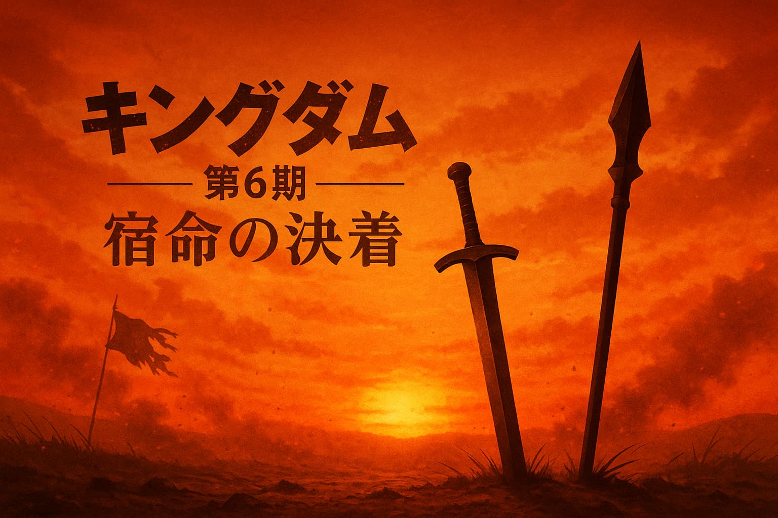 アニメ『キングダム』第6期のイメージビジュアル。夕焼けの戦場に突き立つ剣と矛が、信と龐煖（ほうけん）の最終決戦と宿命の終わりを象徴している。