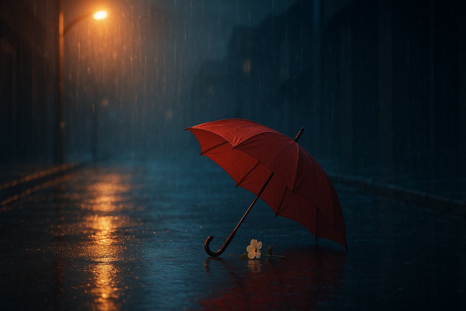 雨の夜の静かな街角に、赤い傘と白い花が置かれている情景。 「チェンソーマン」に登場するレゼの切ない恋を象徴するような、 優しさと哀しさが交錯する雰囲気の写真風イメージ。