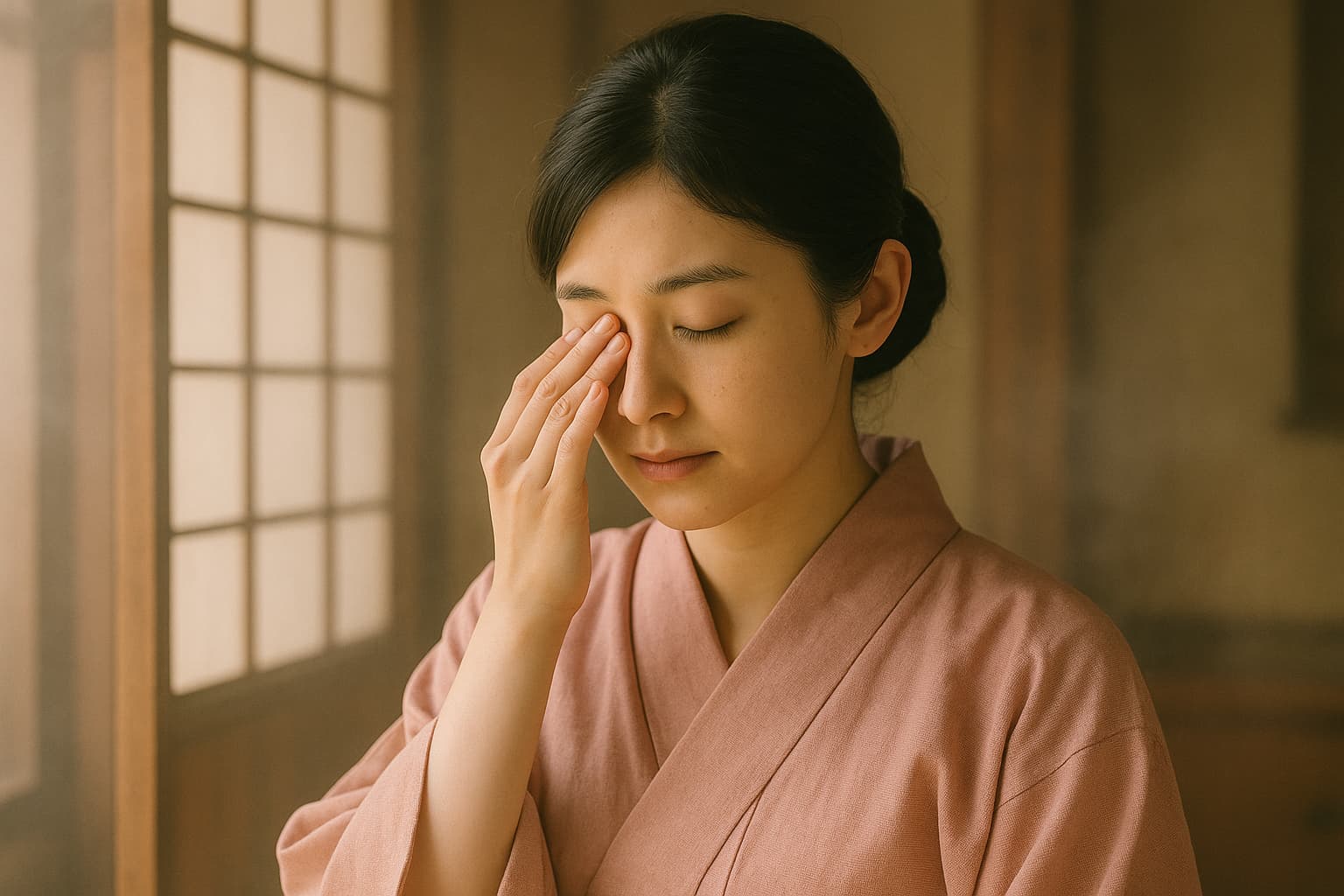 朝ドラ『ばけばけ』のウメが目を押さえる場面。着物姿の女性がやわらかな光の中で静かに佇み、目の異変と優しさを象徴するシーン