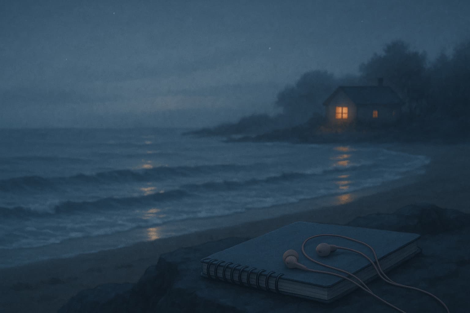 ばけばけ 主題歌が合わないと感じた理由を描く記事のアイキャッチ。夜の海辺に置かれたノートとイヤホン、遠くの家から漏れる灯りが静かな違和感と優しさを表す。