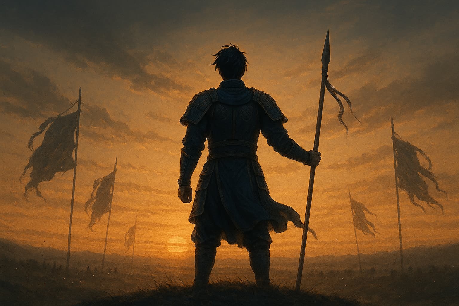 夕暮れの丘に立つ古代中国風の若き将軍。戦場を見つめ、孤独と誇りを胸に抱く姿が『キングダム』王賁の成長や信・蒙恬との絆を象徴しているイメージ。
