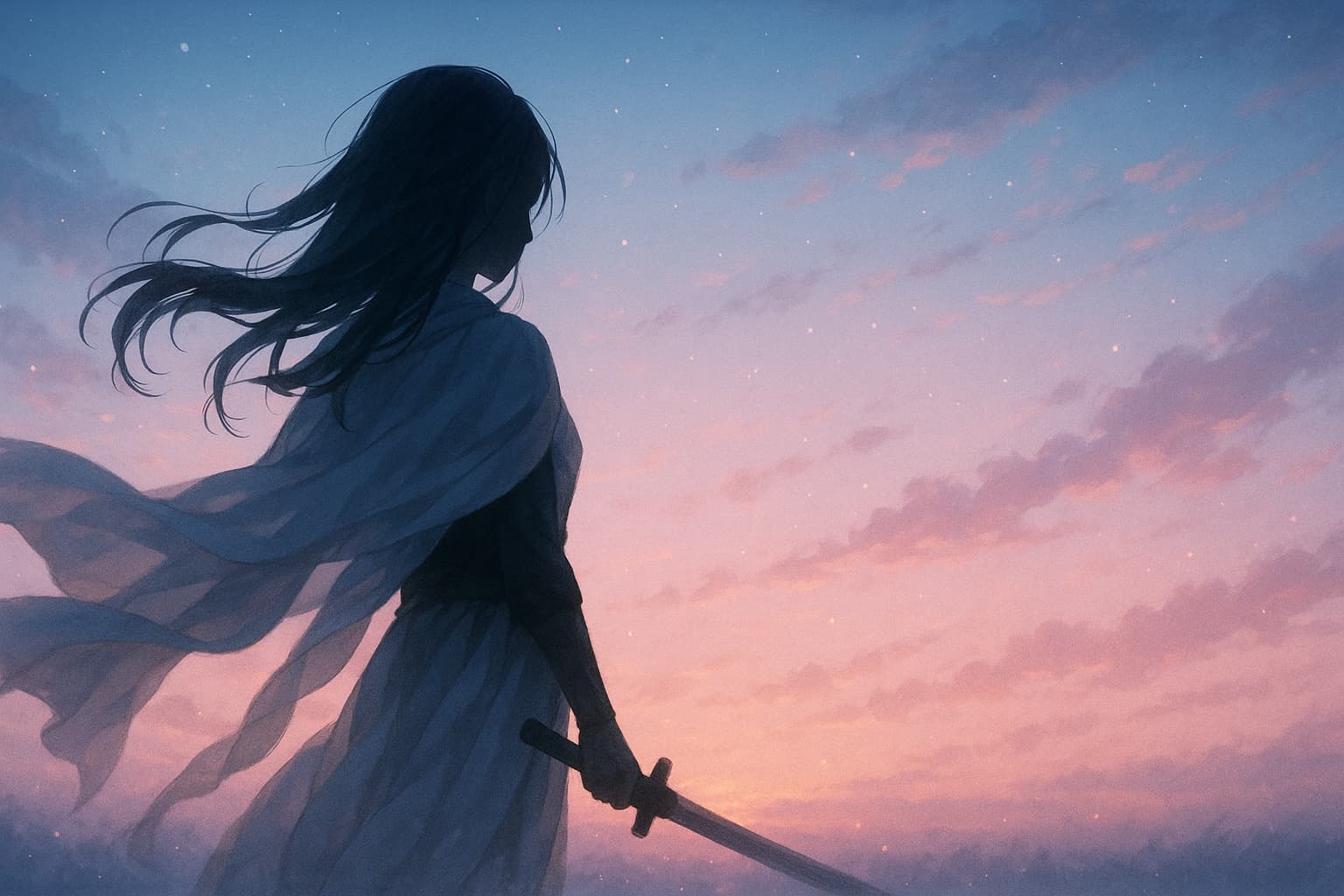 夜明けの空の下、風に白い布をなびかせながら剣を持つ女性のシルエット。静かな強さとやさしさを感じる幻想的な風景。