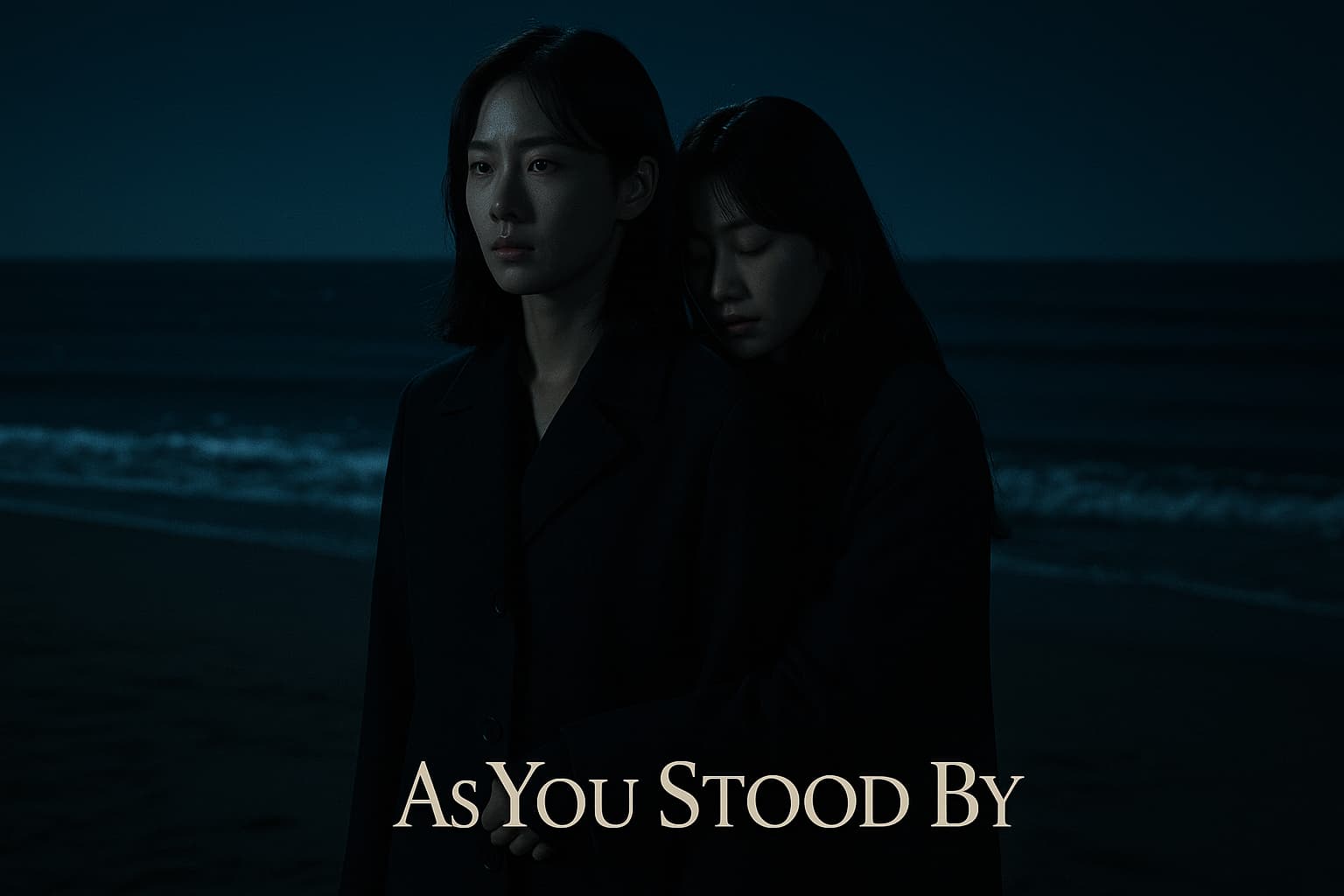韓国ドラマ『あなたが殺した（As You Stood By）』のイメージビジュアル。夜の海辺で静かに寄り添う二人の女性。罪と赦しのはざまで揺れる共犯関係を象徴するシーン。