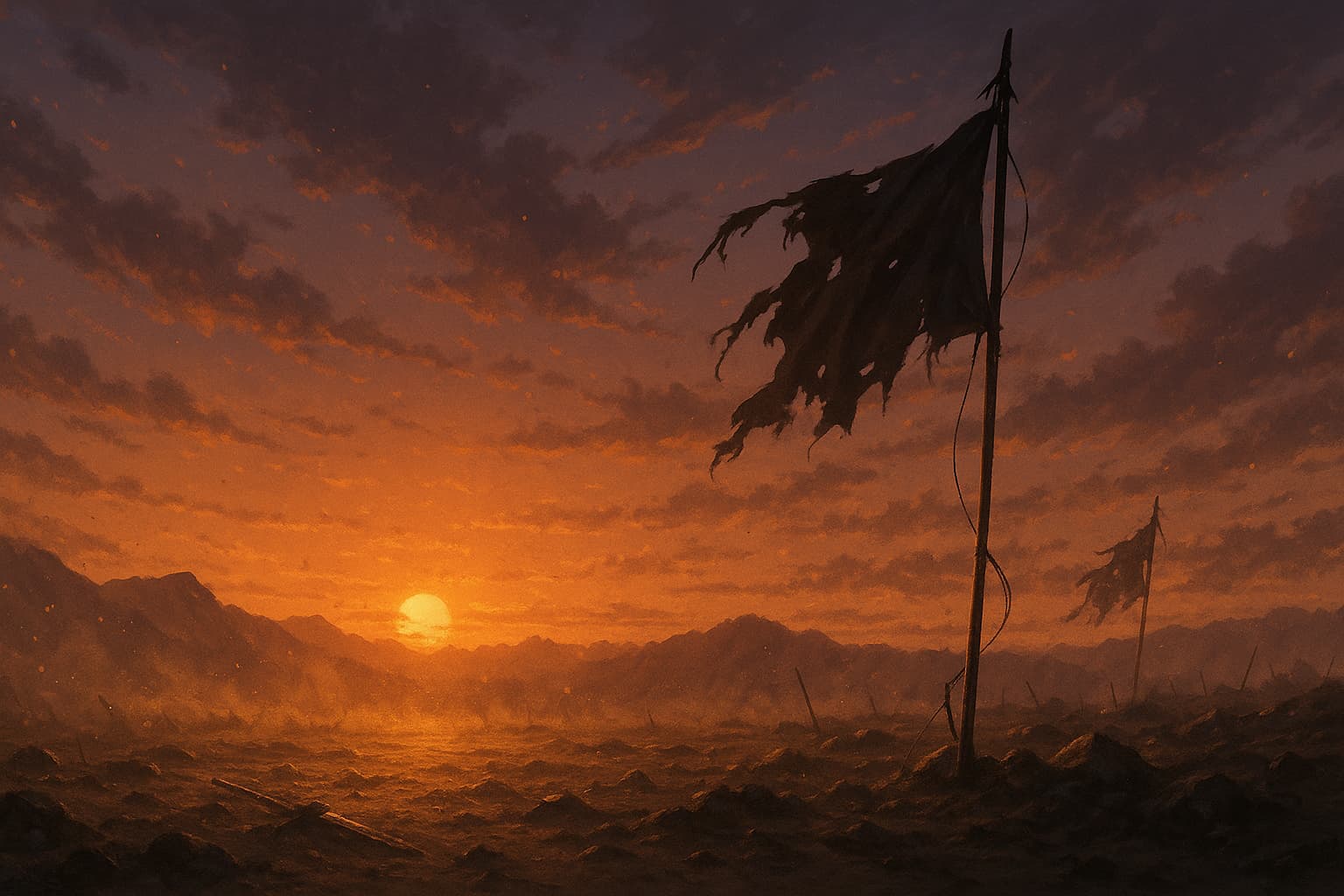 キングダム桓騎の最期を象徴するような、夕暮れの戦場跡。赤く染まる空と折れた旗が、戦いの終わりと静かな余韻を感じさせる風景。