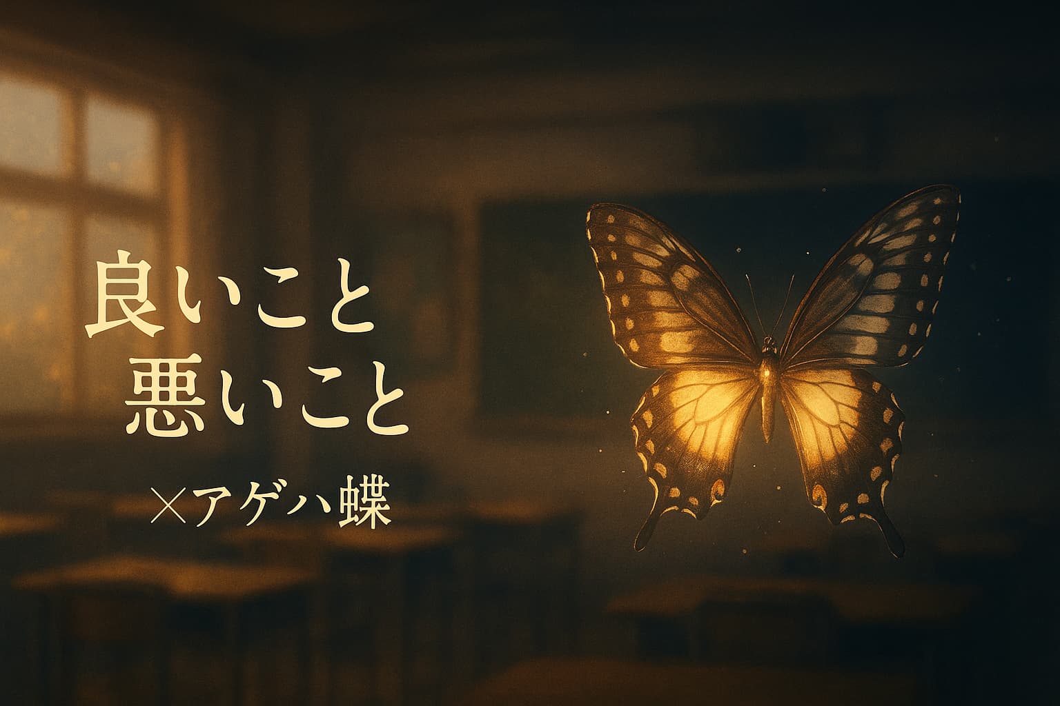 『良いこと悪いこと』主題歌「アゲハ蝶」イメージ画像。黄昏の教室で光をまとって舞うアゲハ蝶が、過去と現在、罪と赦しを象徴するデザイン。
