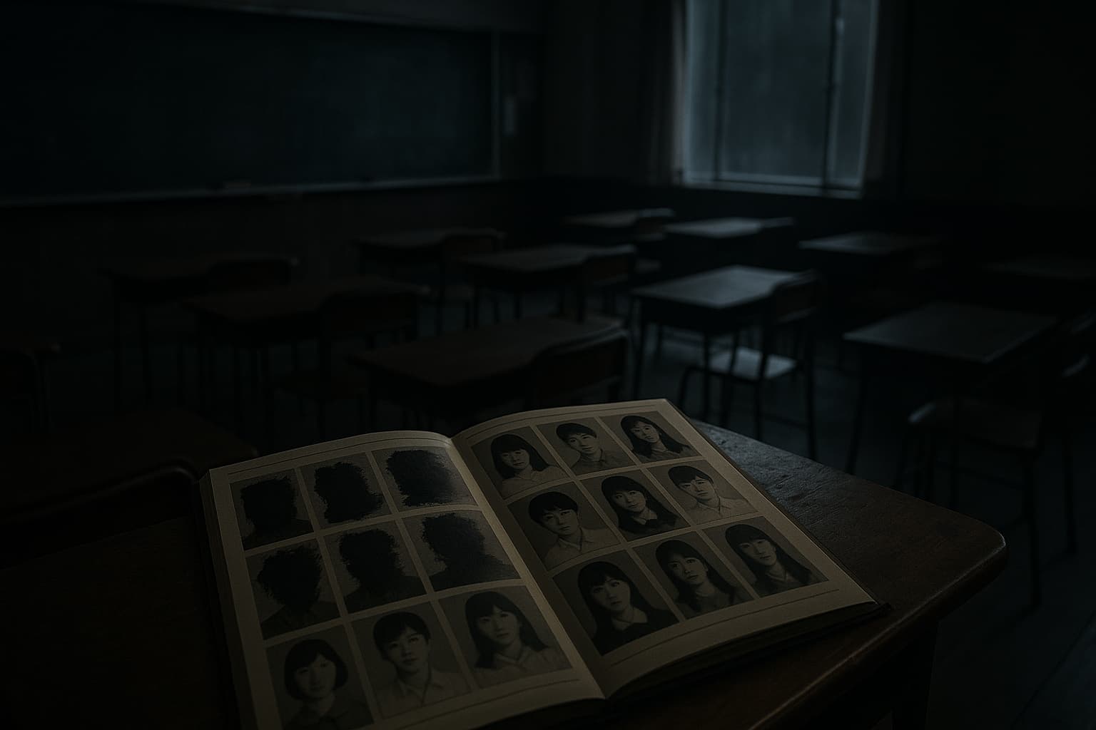 夜の教室に置かれた古い卒業アルバム。六人の顔が黒く塗りつぶされ、月明かりが静かに差し込む。ドラマ『良いこと悪いこと』の伏線や“怖さ”を象徴する印象的なシーン。