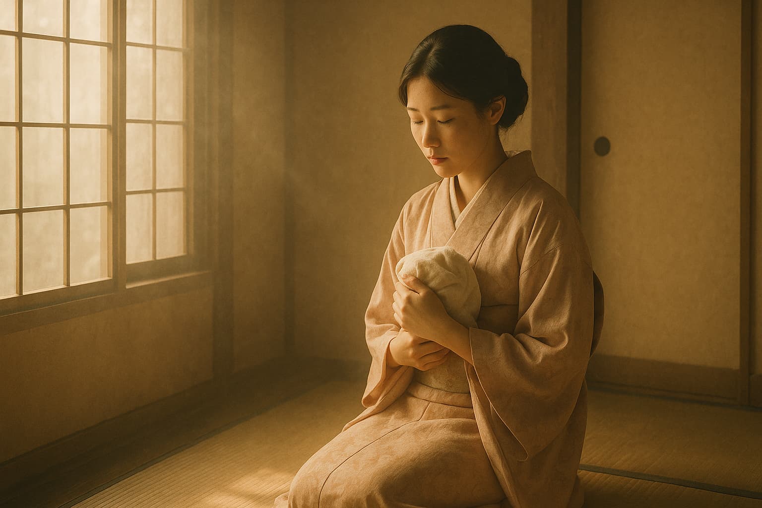 明治時代の和室で、淡い着物を着た女性が静かに座り、柔らかな朝の光に包まれて小さな布を胸に抱いている。『ばけばけ』で描かれるトキ（小泉セツ）の養子の背景を象徴する、静かで切ないイメージ。