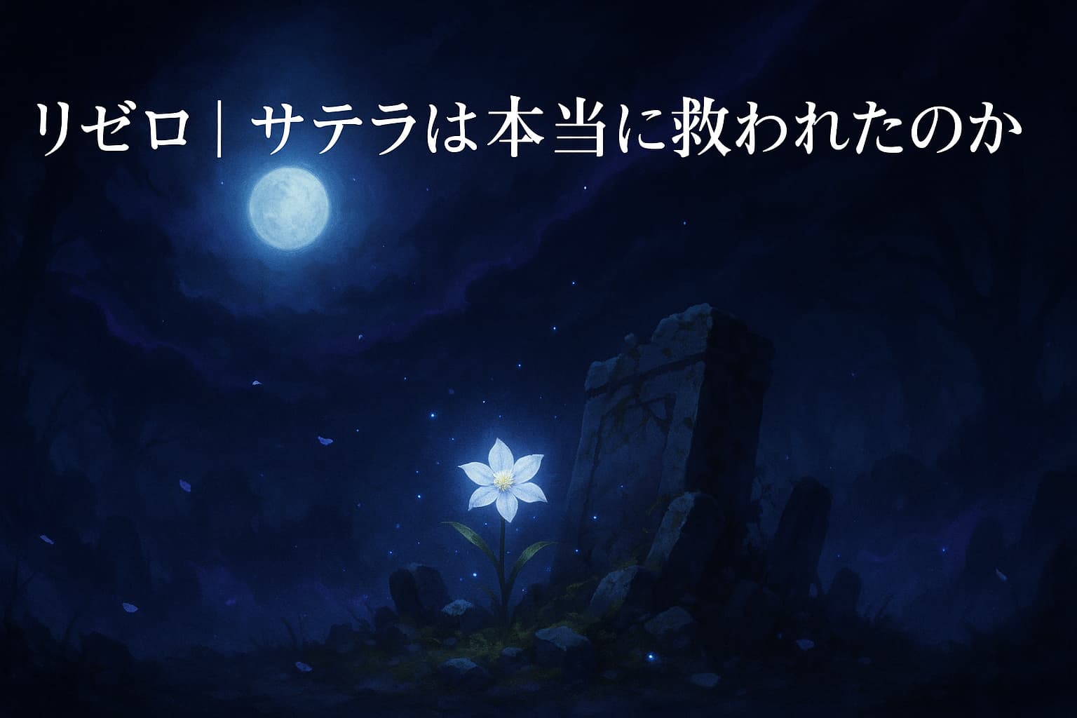 リゼロ考察記事のアイキャッチ。 月明かりに照らされた夜の森に白い花が咲き、静かな青と紫の光に包まれている幻想的な風景。 『リゼロから始める異世界生活』に登場するサテラの「救い」と「嫉妬」を象徴する抽象的なイメージ。